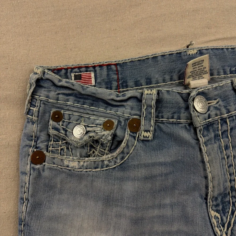 VTG True Religion Billy Super T Jeans 38 Blue Distressed Bootcut Contrast Stitch
